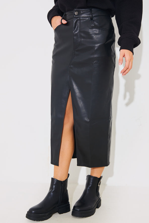 In The Style In The Style Leather Look Split Front Midi Skirt Black