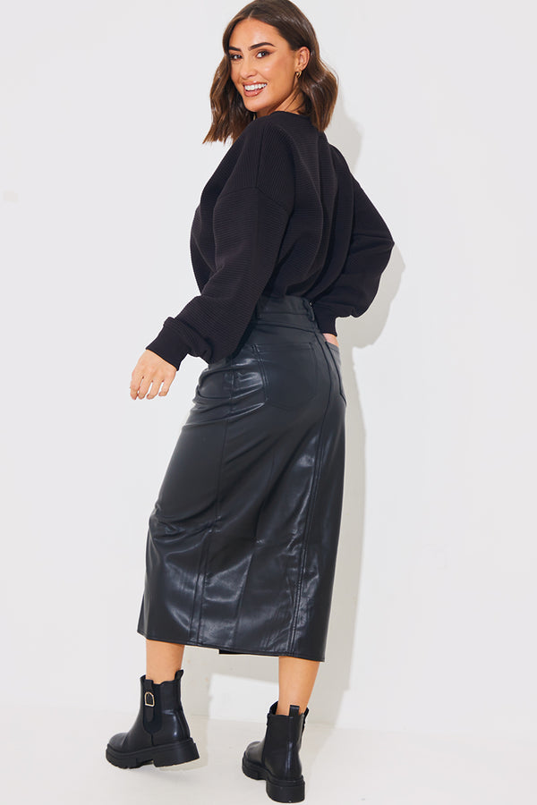 In The Style In The Style Leather Look Split Front Midi Skirt Black