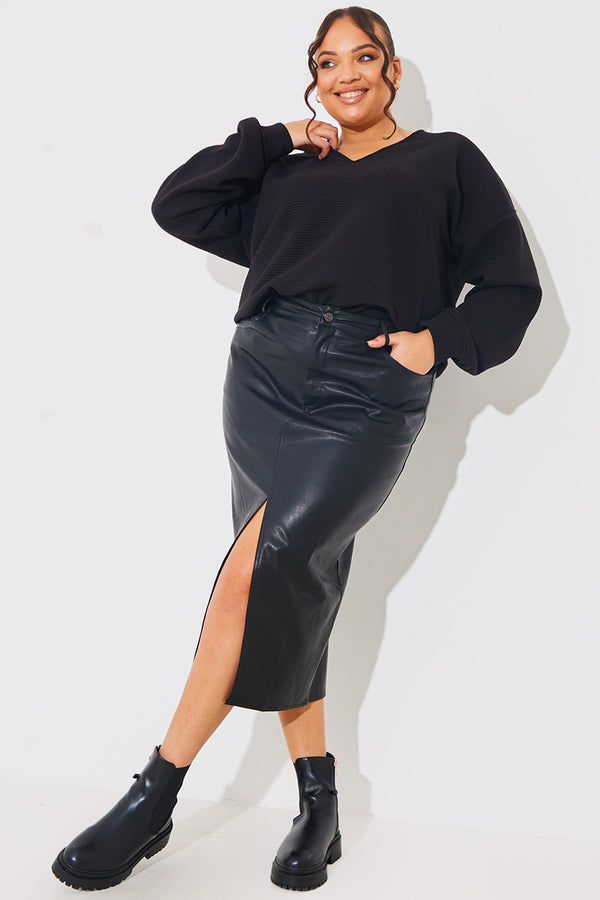 In The Style In The Style Leather Look Split Front Midi Skirt Black