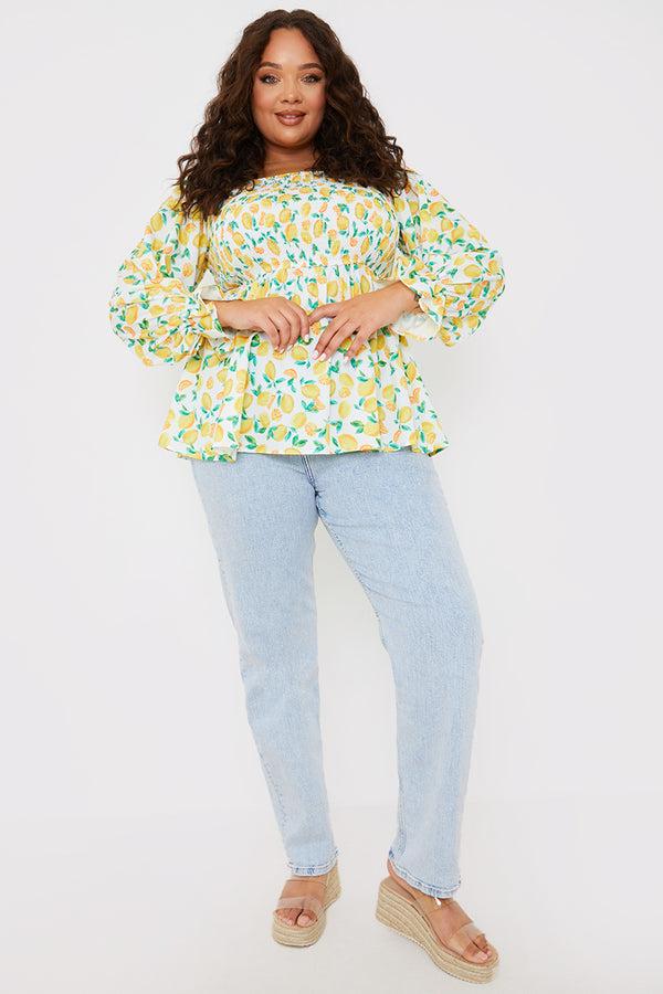 In The Style In The Style Lemon Print Bardot Puff Sleeve Top White