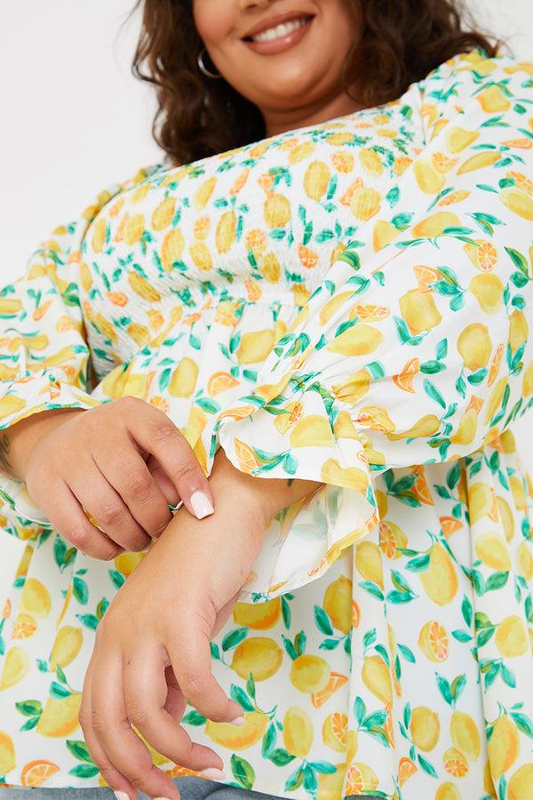 In The Style In The Style Lemon Print Bardot Puff Sleeve Top White