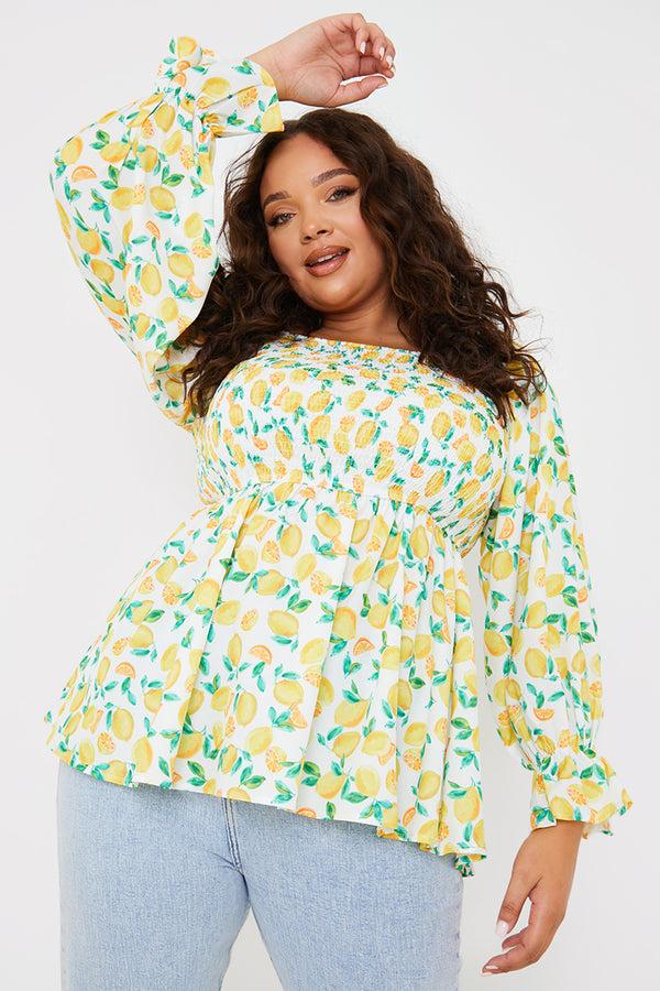 in the style In the Style Lemon Print Bardot Puff Sleeve Top White