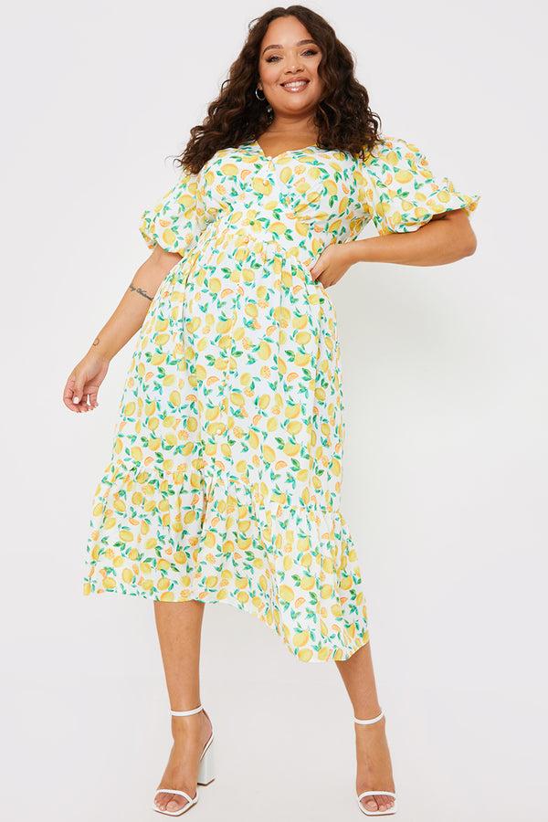 in the style In the Style Lemon Print Button Detail Midi Dress White