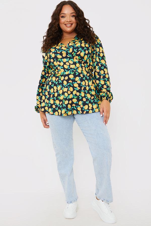 In The Style In The Style Lemon Print Tie Front Wrap Top Black