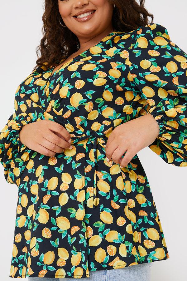 In The Style In The Style Lemon Print Tie Front Wrap Top Black