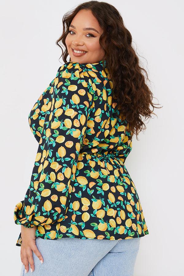 In The Style In The Style Lemon Print Tie Front Wrap Top Black