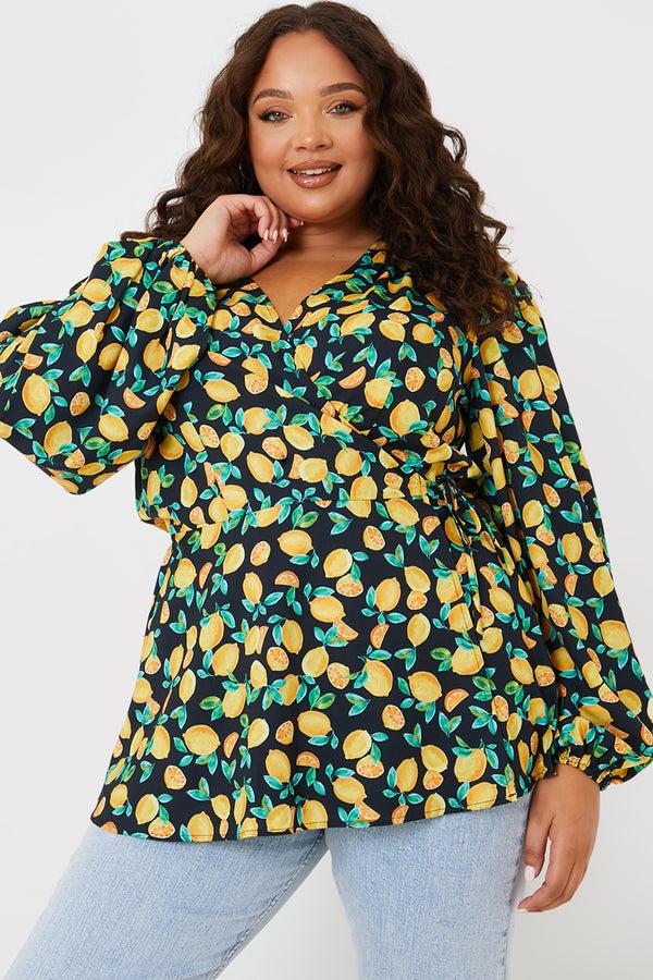 in the style In the Style Lemon Print Tie Front Wrap Top Black