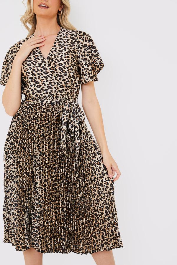 In The Style In The Style Leopard Print Pleated Midi Dress Brown