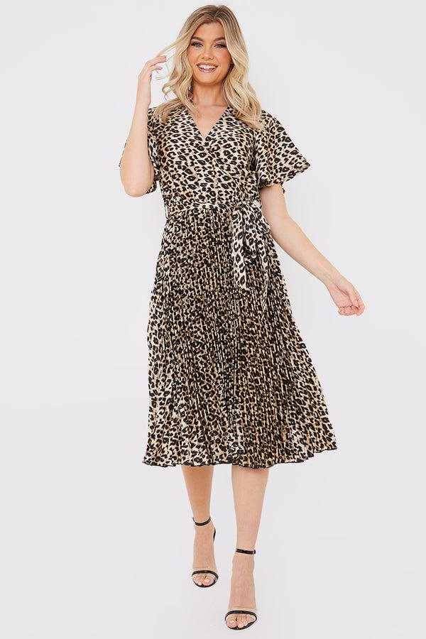 in the style In the Style Leopard Print Pleated Midi Dress Brown
