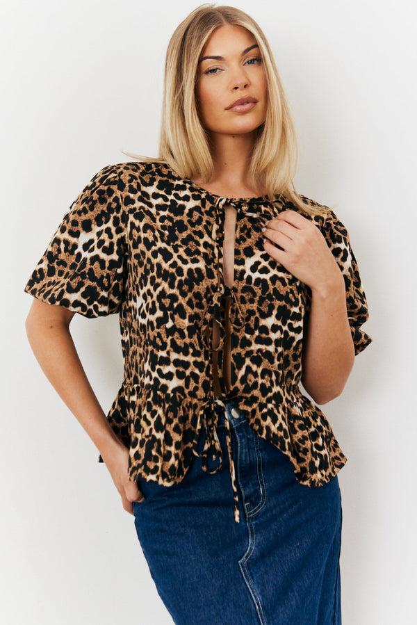 In The Style In The Style Leopard Tie Up Blouse Animal Print