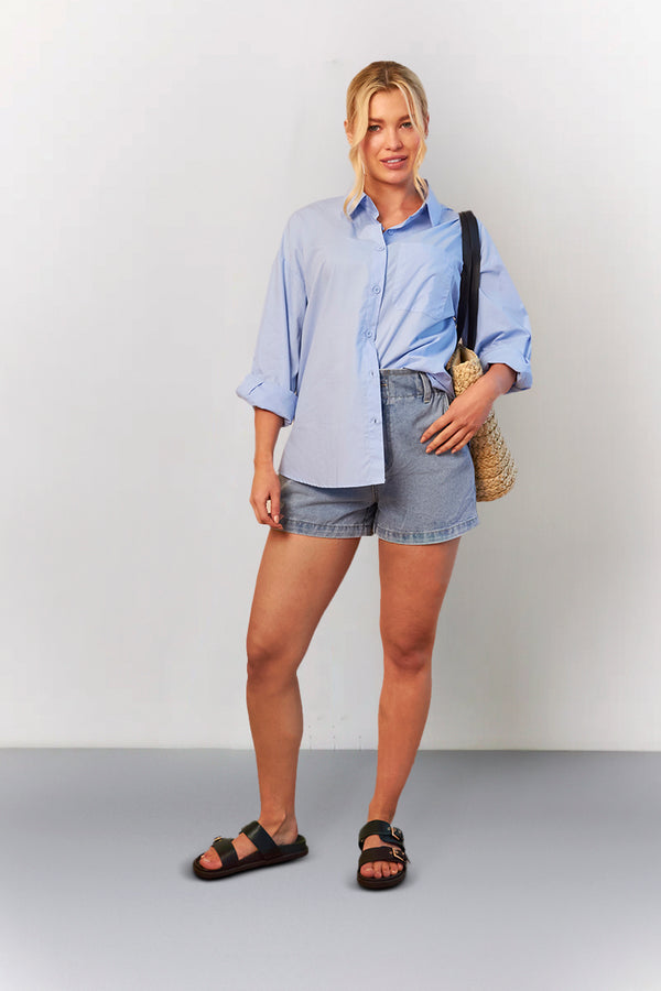 In The Style In The Style Light Blue Denim Paper Bag Shorts Light Blue