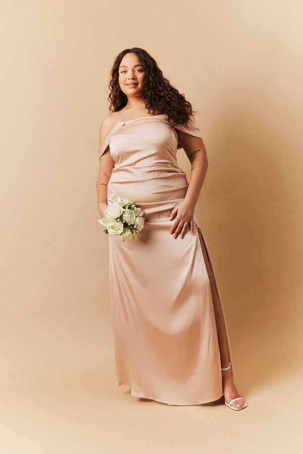 In The Style In The Style Light Gold Satin Bardot Ruched Maxi Dress Nude