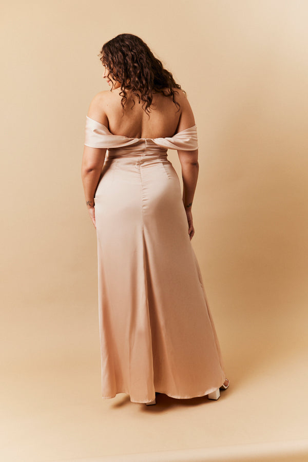 In The Style In The Style Light Gold Satin Bardot Ruched Maxi Dress Nude