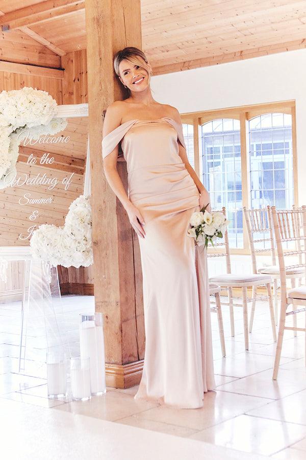 in the style In The Style Light Gold Satin Bardot Ruched Maxi Dress Nude