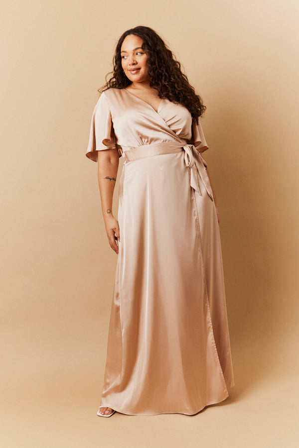 In The Style In The Style Light Gold Satin Wrap Tie Angel Sleeve Maxi Dress Nude