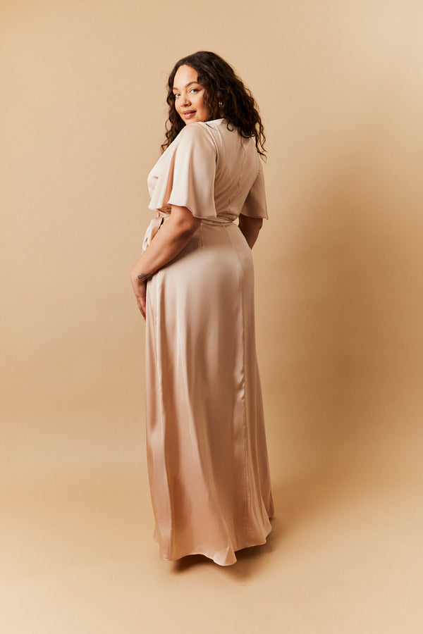In The Style In The Style Light Gold Satin Wrap Tie Angel Sleeve Maxi Dress Nude