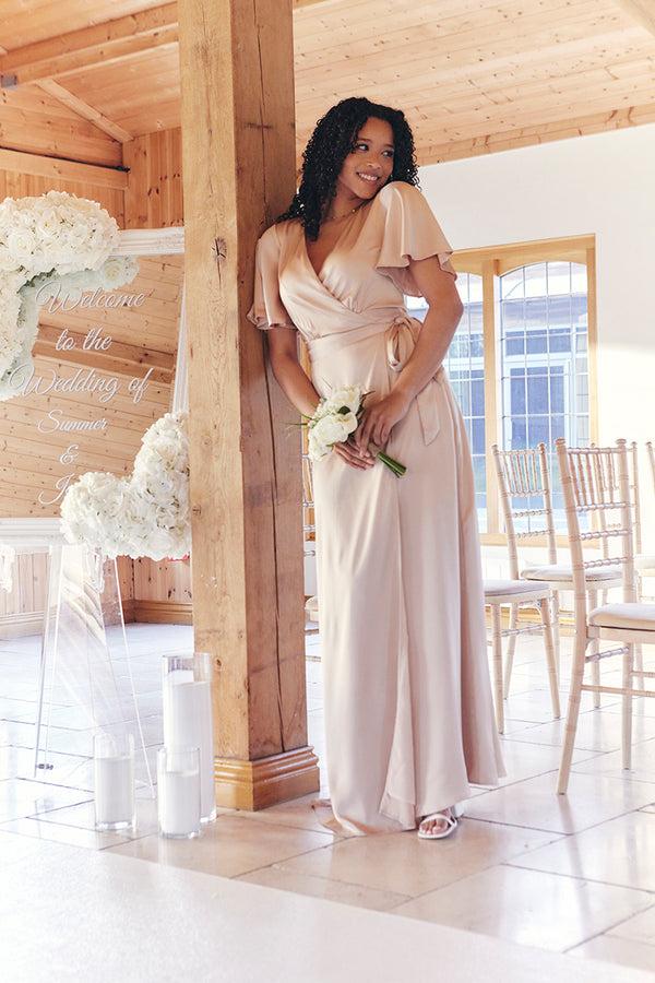 in the style In The Style Light Gold Satin Wrap Tie Angel Sleeve Maxi Dress Nude