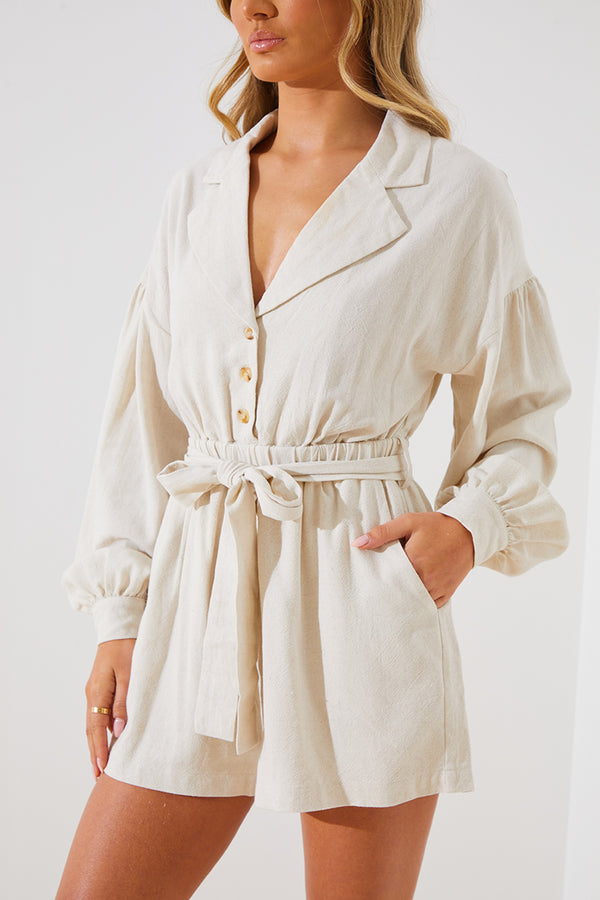 In The Style In The Style Linen Blend Belted Playsuit Stone