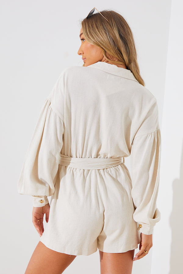 In The Style In The Style Linen Blend Belted Playsuit Stone