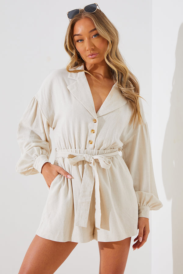 in the style In the Style Linen Blend Belted Playsuit Stone