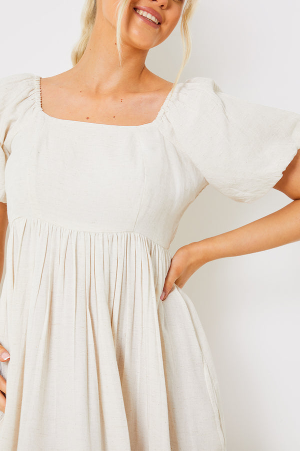 In The Style In The Style Linen Blend Puff Sleeve Square Neck Midaxi Dress Beige