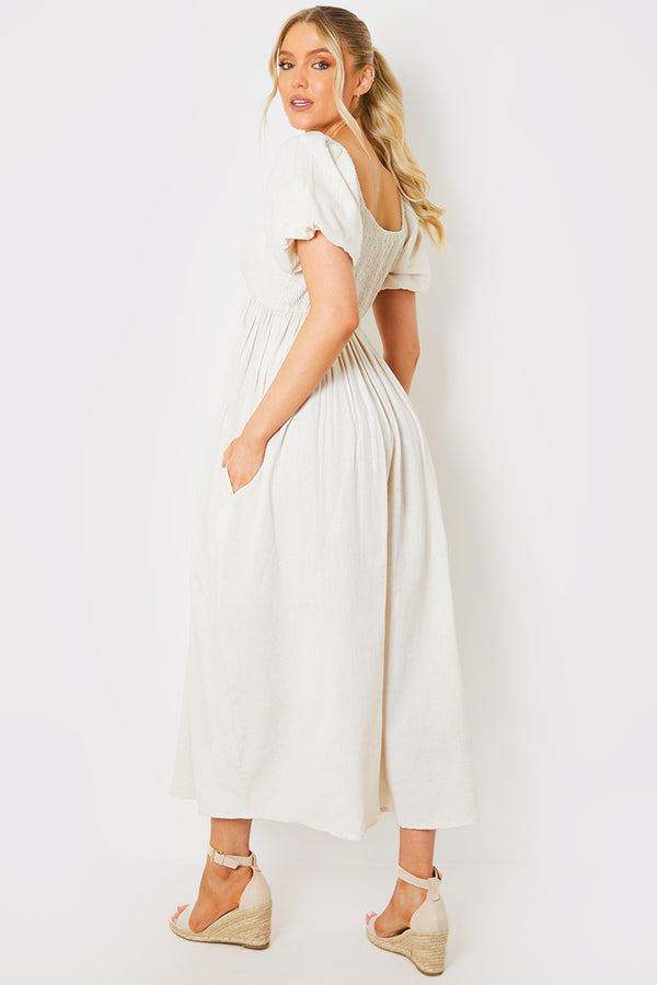 In The Style In The Style Linen Blend Puff Sleeve Square Neck Midaxi Dress Beige