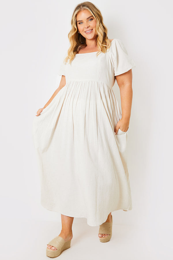 In The Style In The Style Linen Blend Puff Sleeve Square Neck Midaxi Dress Beige