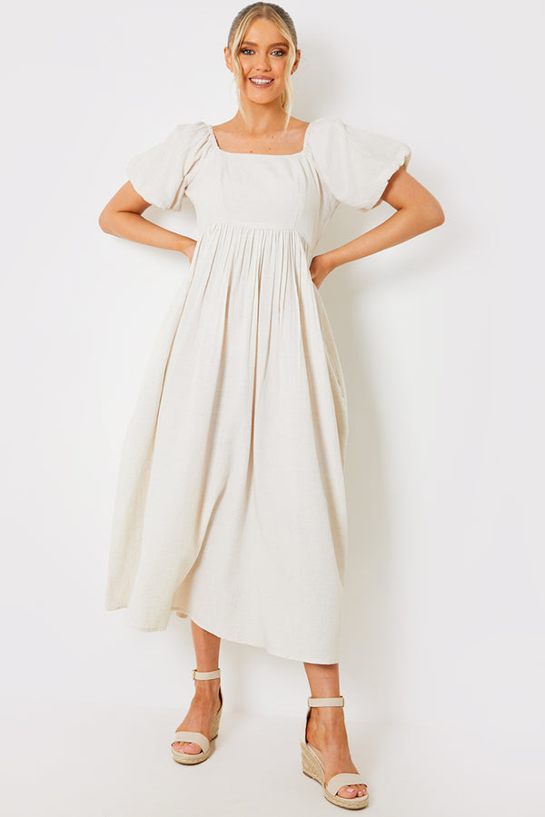 in the style In the Style Linen Blend Puff Sleeve Square Neck Midaxi Dress Beige