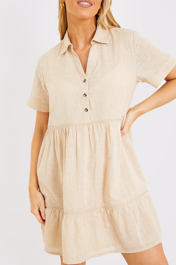 In The Style In The Style Linen Blend Trim Detail Collared Smock Dress Stone