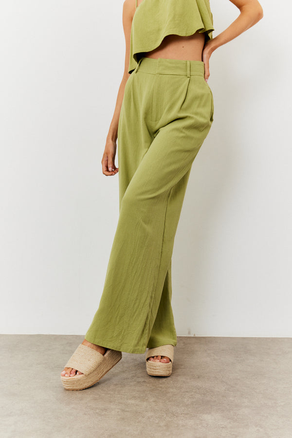 In The Style In The Style Linen Blend Wide Leg Trouser Green