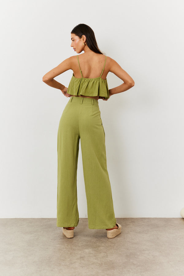 In The Style In The Style Linen Blend Wide Leg Trouser Green