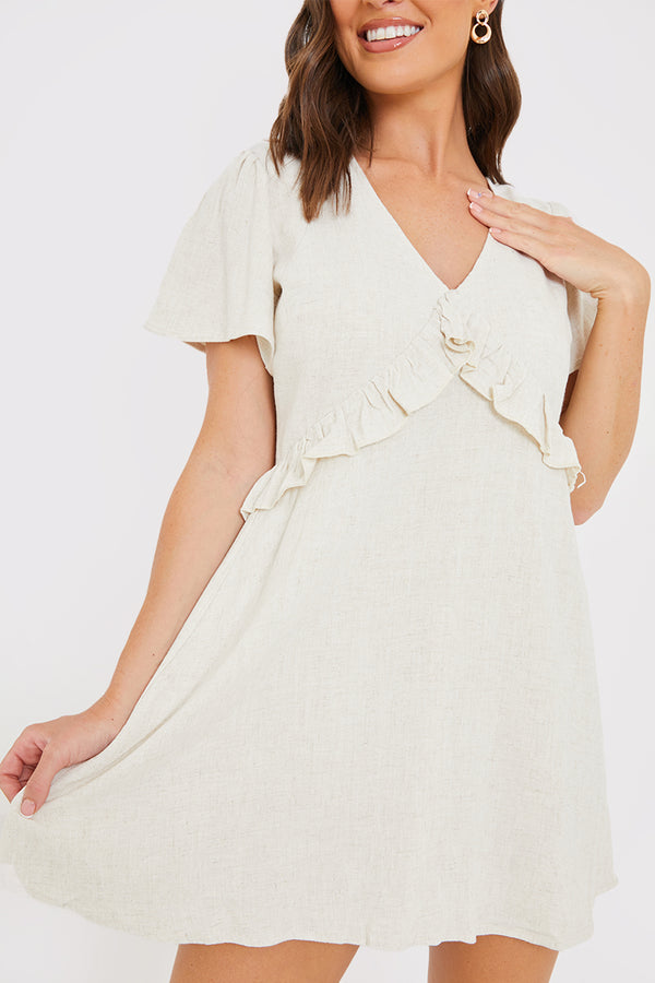 In The Style In The Style Linen Frill Detail Smock Dress Stone