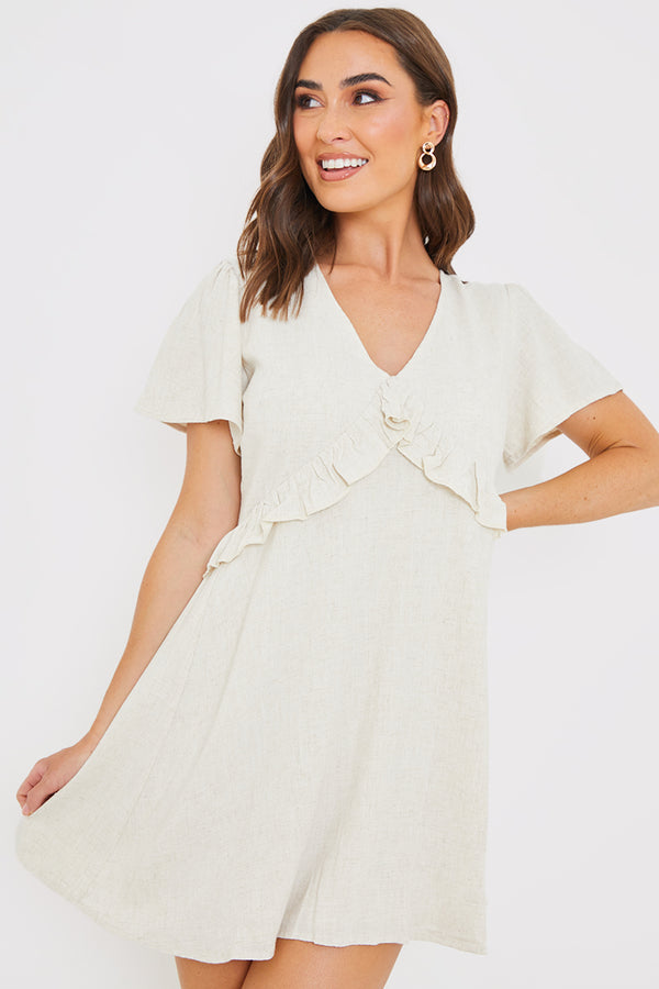 in the style In the Style Linen Frill Detail Smock Dress Stone