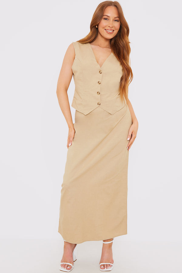 In The Style In The Style Linen Look Button Through Co-Ord Waistcoat Sand