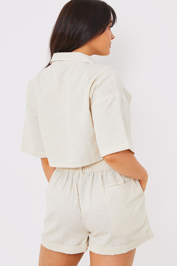 In The Style In The Style Linen Look Cropped Co-Ord Boxy Shirt Stone