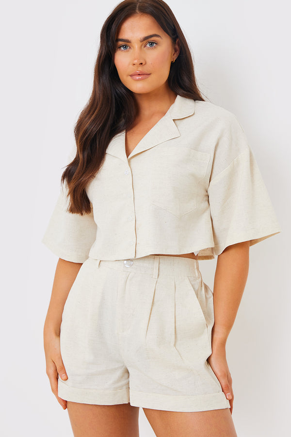 in the style In the Style Linen Look Cropped Co-Ord Boxy Shirt Stone