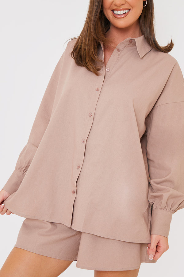 In The Style In The Style Linen Look Long Sleeve Co-Ord Shirt Mocha