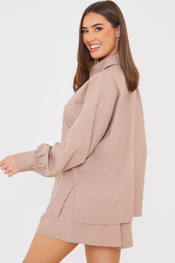 In The Style In The Style Linen Look Long Sleeve Co-Ord Shirt Mocha