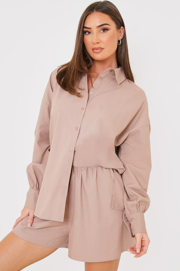 in the style In the Style Linen Look Long Sleeve Co-Ord Shirt Mocha