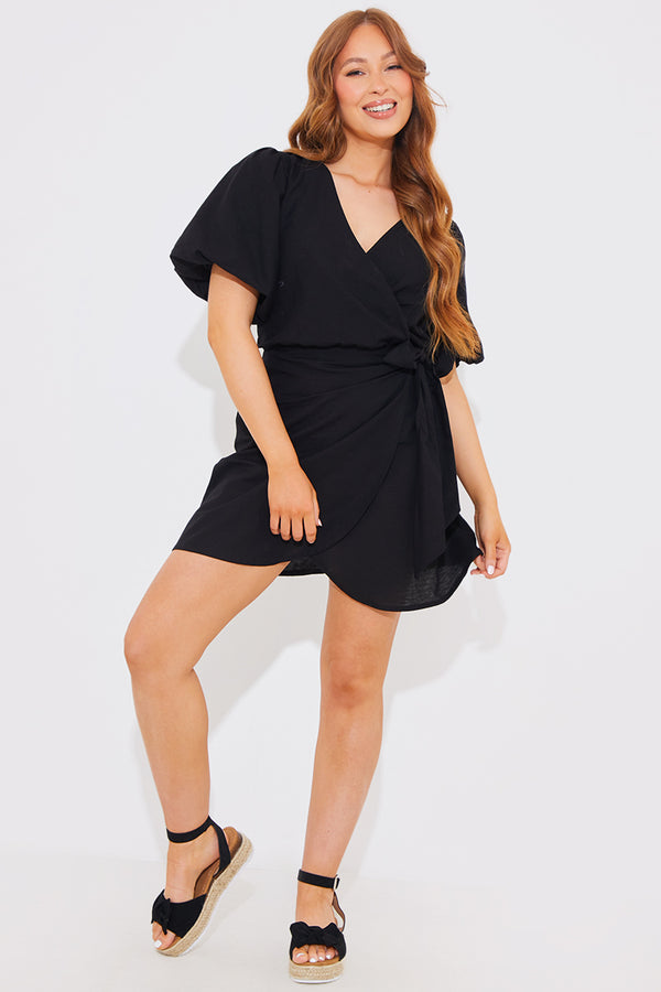 In The Style In The Style Linen Look Mini Wrap Dress Black