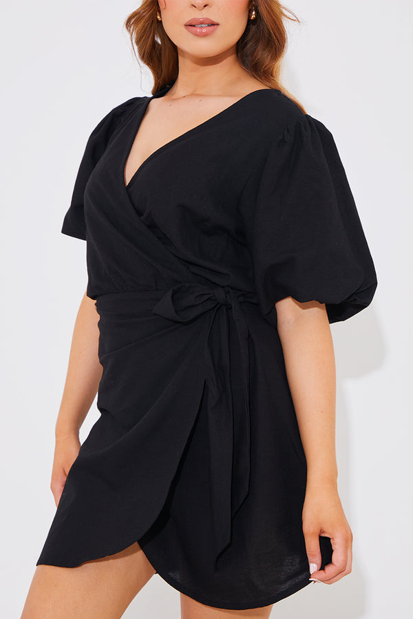 In The Style In The Style Linen Look Mini Wrap Dress Black