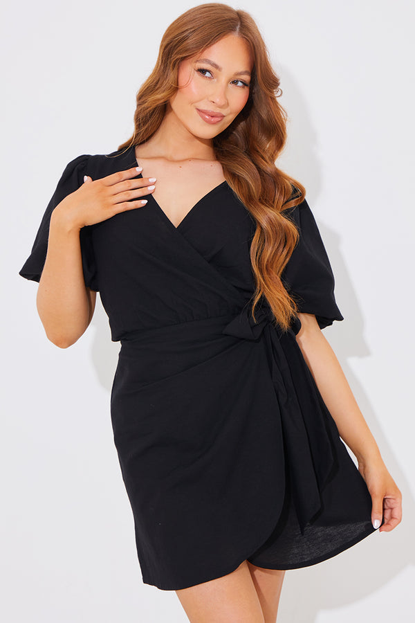 in the style In The Style Linen Look Mini Wrap Dress Black