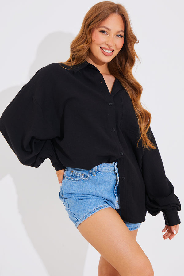 in the style In The Style Linen Look Oversized Shirt Black