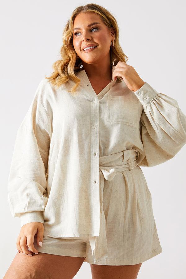 in the style In The Style Linen Look Oversized Shirt Stone