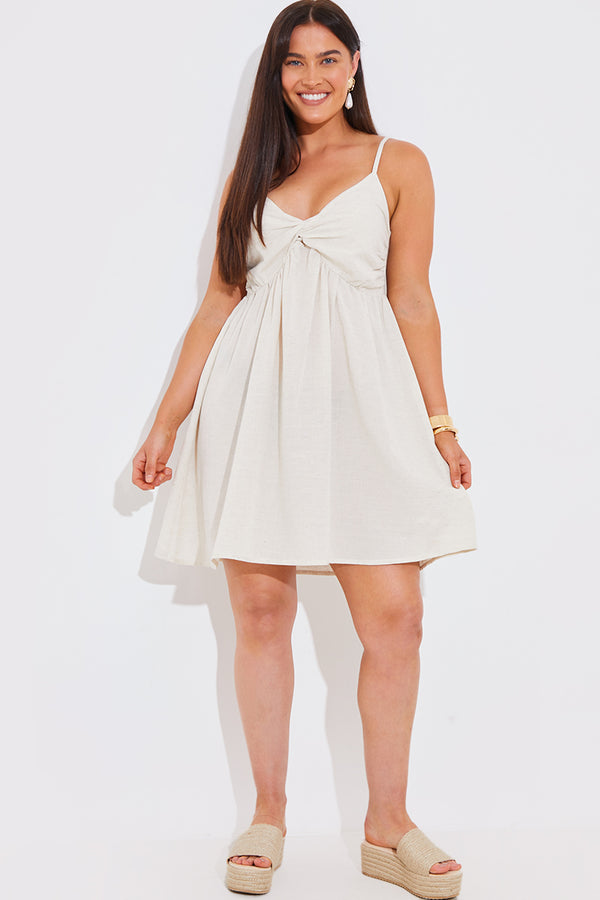 In The Style In The Style Linen Look Strappy Twist Front Mini Dress Stone