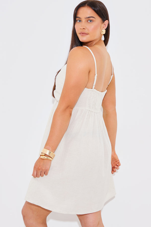 In The Style In The Style Linen Look Strappy Twist Front Mini Dress Stone