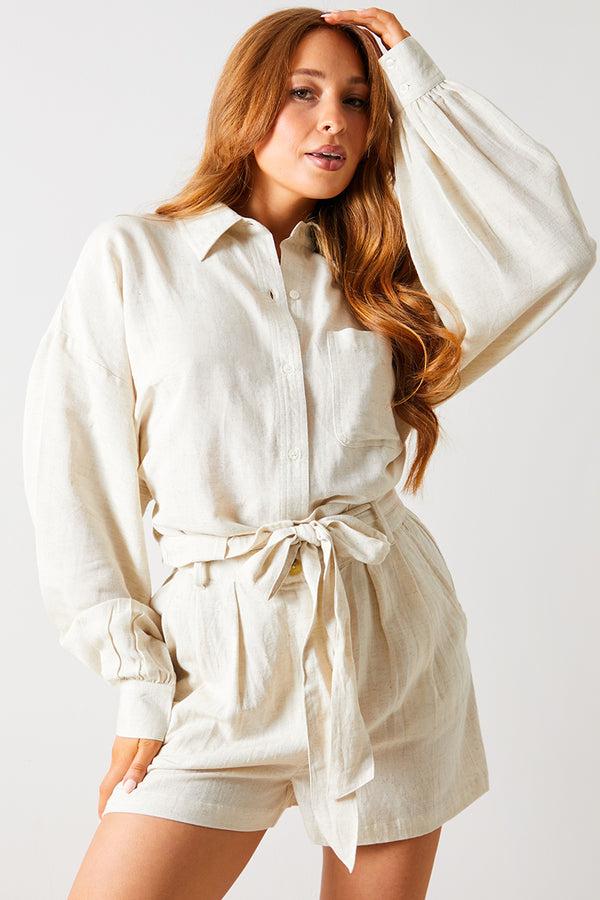 in the style In The Style Linen Look Tie Waist Shorts Stone