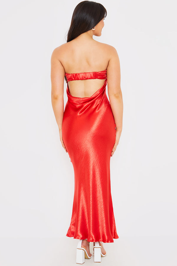 In The Style In The Style Liquid Satin Bandeau Cut Out Back Maxi Dress Red