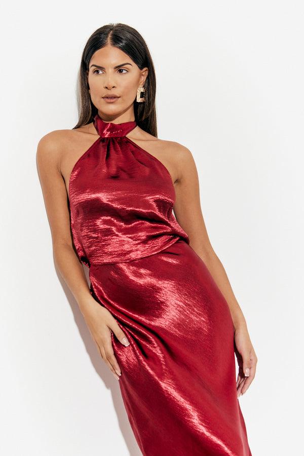 In The Style In The Style Liquid Satin Halterneck Cowl Back Midaxi Dress Burgundy