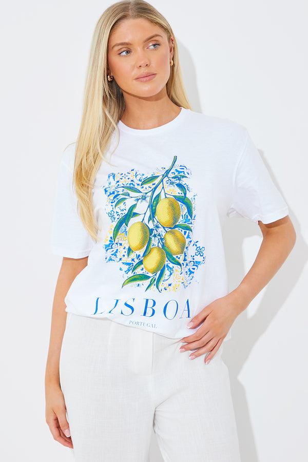 in the style In the Style Lisboa' Fruit Graphic T-Shirt White
